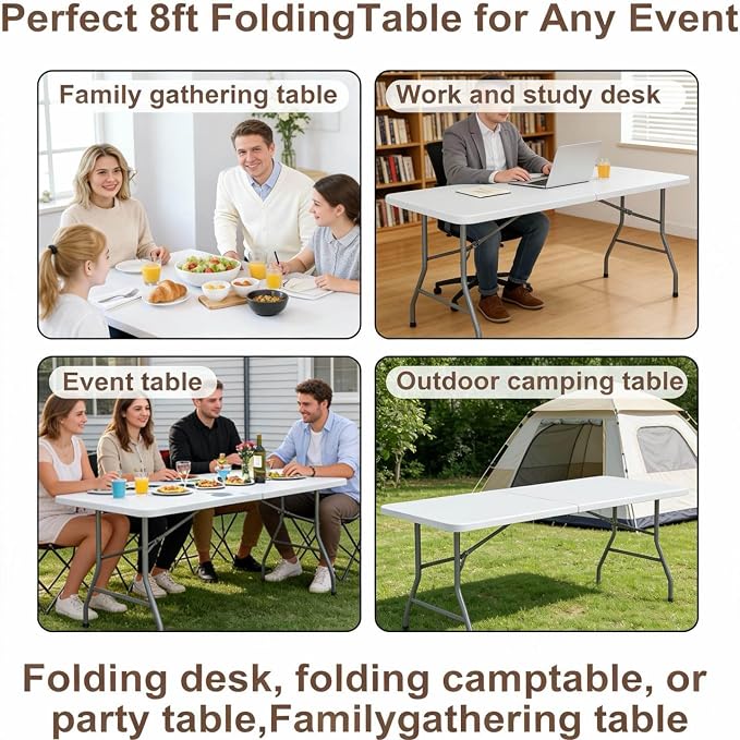 8ft Folding Table, Portable Foldable Plastic Table with Heavy-Duty Top & Reinforced Legs, 360lbs Capacity for Wedding, Party, Camping, Craft Fair, Picnic, Indoor Outdoor Use, White