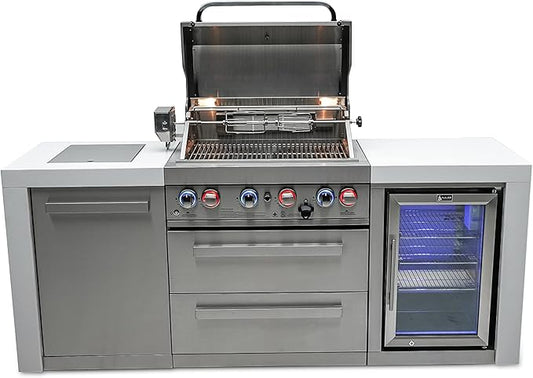 Mont Alpi Deluxe Series Stainless Steel 82"W x 23"D Modular Outdoor Kitchen Island + Side Burner + Refrigerator + 32"W 4-Burner BBQ Gas Grill + White Granite Countertops + Storage Cabinets & Drawers