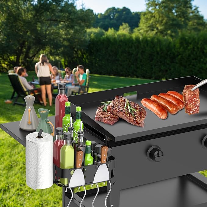 Foldable Griddle Side Shelf and Caddy for Blackstone 28" Griddle, Grill Accessories Space Saving for Blackstone with Paper Towel Holder, 4 Hooks and Storage Box Grill Parts