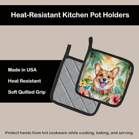 Caroline's Treasures Corgi Luau Pair of Pot Holders Kitchen Heat Resistant Pot Holders Sets Oven Hot Pads for Cooking Baking BBQ, 7 1/2 x 7 1/2