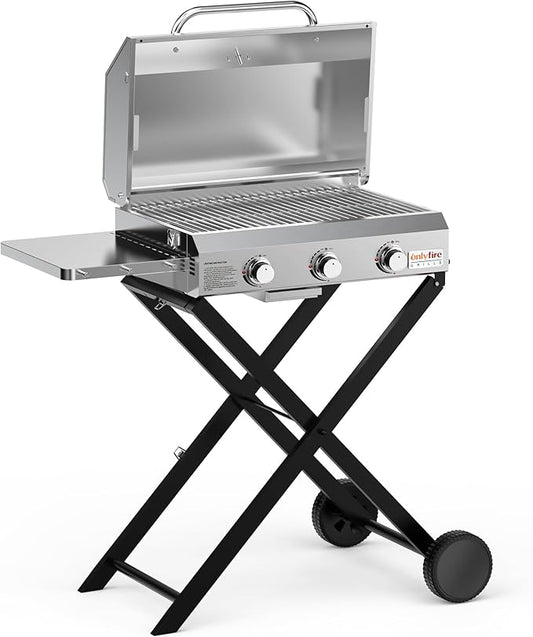 BBQ Gas Grill 3-Burner with Foldable Cart & Side Table, Premium Portable Propane Grill with 22" Cooking Grate for Outdoor Patio Backyard Barbecue Camping Tailgating RV, Stainless Steel, Classic GS308