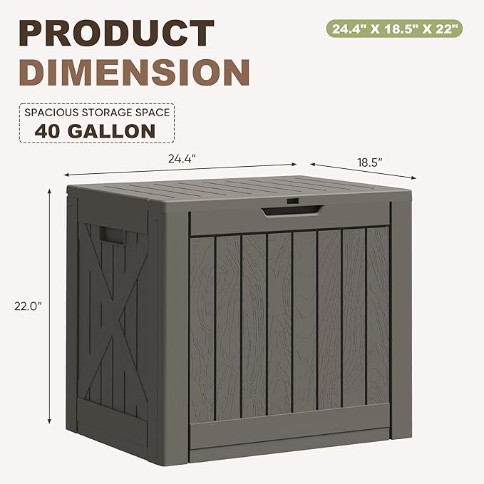 Greesum 40 Gallon Resin Deck Box, Outdoor Storage for Patio Furniture, Garden Tools, Pool Supplies, Weatherproof and UV Resistant, Lockable, Brown