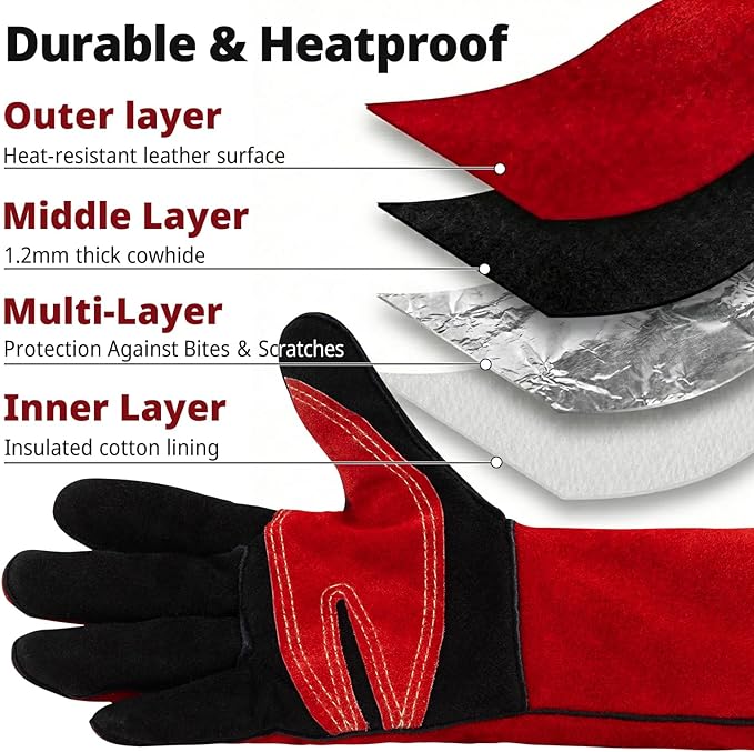 vclpower Welding Gloves 16 Inches 932°F Extreme Heat Fire Resistant Leather Forge Gloves for Mig, Tig, Stick, BBQ, Fireplace, Wood Stove, Furnace, Animal Handling, Handling Dry Ice - Safety Work L
