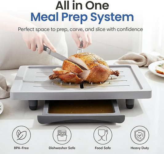 Large Cutting Board - Karving King Plus Meal Prep System with Juice Groove, Spikes, Drip Tray & Removable BPA Free Cutting Board - Patented Multi-Feature Design Carving Board - BBQ & Kitchen Essential