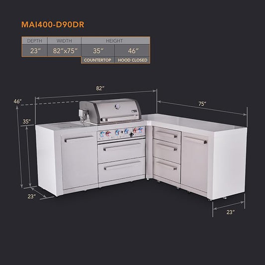 Mont Alpi Deluxe 82"W x 75"D x 46"H L-shaped Stainless Steel Outdoor Kitchen Island with Side Burner + 32"W 4-Burner BBQ Grill + Granite Countertops and Waterfall Sides + Storage + Rotisserie + Cover