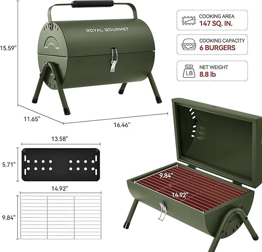 CC1015L Portable Charcoal Grill, 147 Sq. In. Cooking Area, with Four Air Vents, Lid Latch Buckle, Lid Handle, for Outdoor Backyard, Patio Parties and Picnics, Olive Green