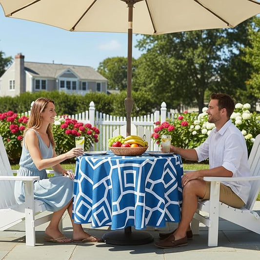 LUSHVIDA Moroccan Outdoor Round Tablecloth with Umbrella Hole and Zipper, 60 Inch Blue, Waterproof Wrinkle Free Table Cloth Decorative Fabric Washable Table Cover for Patio, Party, Picnic