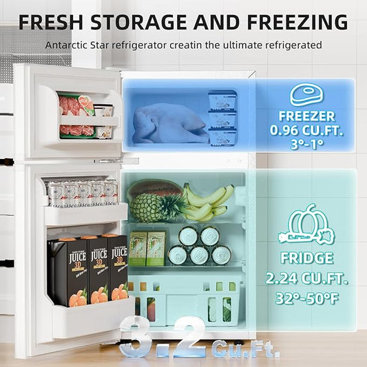 Antarctic Star Compact Refrigerator with Freezer,2 Door Mini Fridge,Adjustable Shelf,Adjustable Thermostat,for Bedroom,Office,Dorm,Kitchen,3.2 Cu.Ft.WHITE