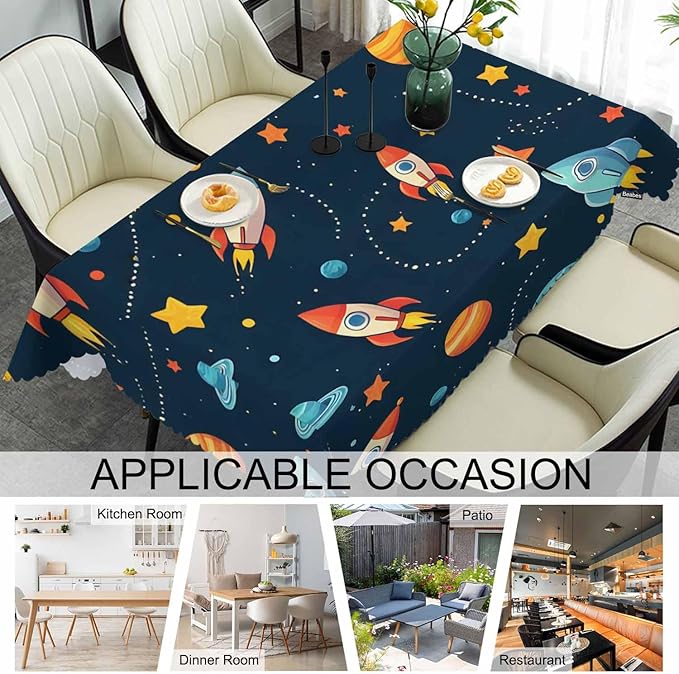 Table Cloth Galaxy Space, Cute Spacecraft Planet Solar System Farmhouse Tablecloth Soft Table Cover for Kitchen Dinning Tabletop Decoration, 52x70 Inch Fitted Tablecloth