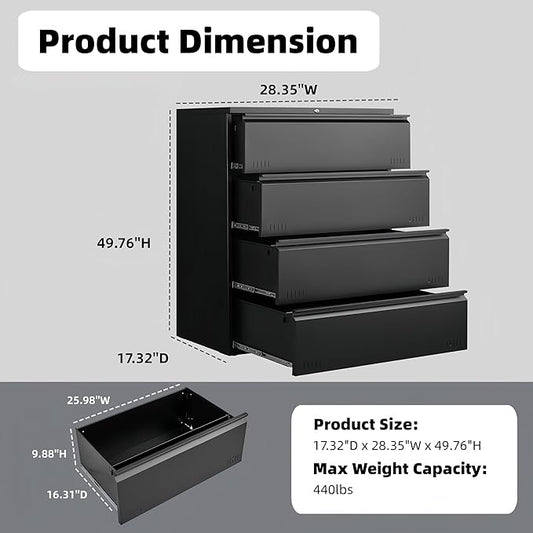 Approgreent Lateral 4 Drawer File Cabient with Lock, Metal Filing Cabinets for Home Office, Heavty Duty Office Storage Cabinet for A4/Letter/Legal (Matte Black)