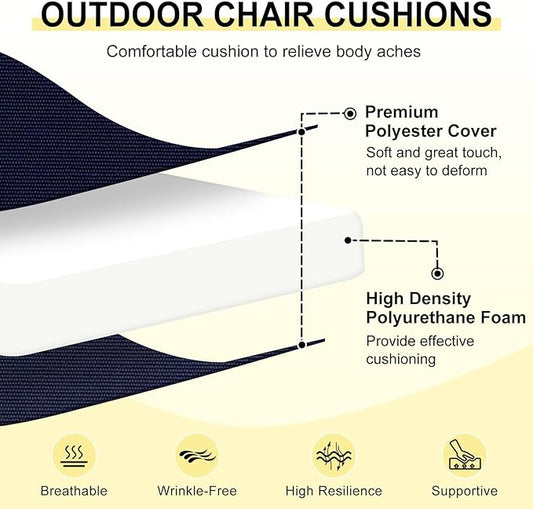 downluxe Outdoor Chair Cushions Set of 2 for Patio Furniture, Water-Resistant Square Corner Patio Chair Cushions with Ties, High Density Foam Outdoor Seat Cushion, 18.5" X 16" X 3", Navy