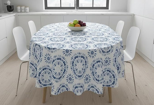 Newbridge Blue Tie Dye Vinyl Tablecloth, 60 x 84 Inch Oval – Flannel Backed Blue and White Table Cover for Dining, Picnics, BBQs, and Parties