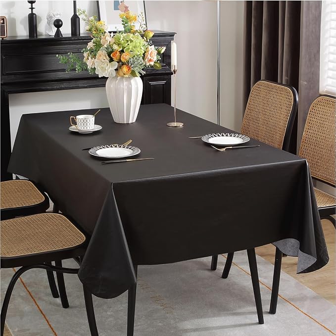 SASTYBALE Black Vinyl Tablecloth with Flannel Backing, 60 x 120 Inch | Waterproof PVC Surface, Wipeable Rectangular Table Cover for Dining, Buffet, Catering, Parties and Events
