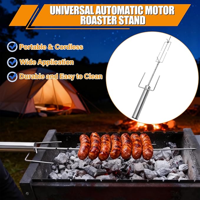 Cordless Portable Electric BBQ Rotisserie Grill Kit, Universal Automatic Motor Roaster Stand with Adjustable Length Stainless Steel Spit Rod, Automatic Rotating Barbecue Grill for Outdoor Camping