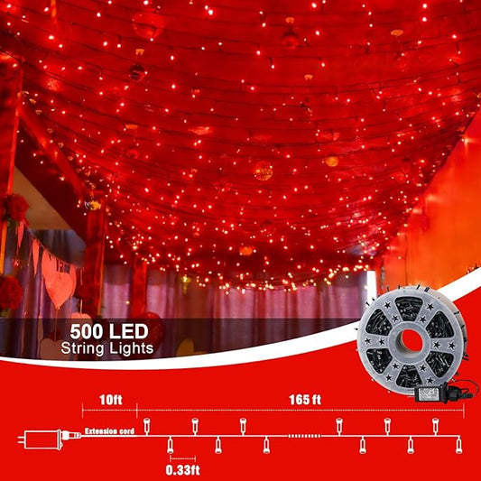 QITONG 500LED Red String Lights, 165ft Twinkle Lights Outdoor Waterproof with Plug in, Green Wire Christmas Fairy Lights Indoor with 8 Modes