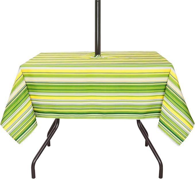Poise3EHome Square Outdoor Tablecloth with Umbrella Hole and Zipper,Green Stripe 60x60 Inch,Polyester SpillProof Washable Table Cloth for Spring Summer Patio Garden Poolside Picnic Camping BBQS