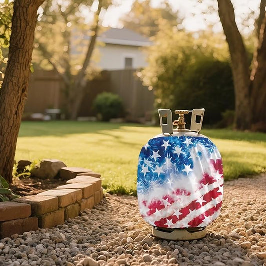 Propane Tank Cover 20 lb Patriotic American Flag Weather Resistant Gas Cylinder Polyester Blue Red 4th of July Decoration for Travel Trailer RV and Outdoor Use