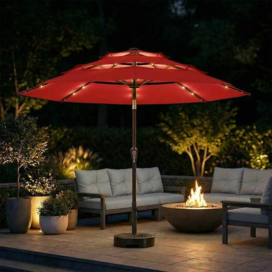 10ft 3-Tier Patio Umbrella with 32 Solar Powered LED Lights, Windproof Outdoor Market Umbrella for Deck, Poolside & Garden, Sturdy Push-Button Tilt Table Umbrella, Red