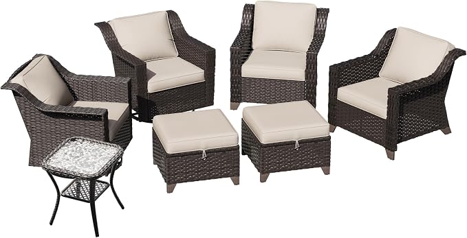 7 Piece Patio Furniture Set, Wicker Outdoor Conversation Set | Patio Chair Set with Olefin Removable Cushion, All-Weather Glider Swivel Chair Set with Deep Seat for Porch, Deck, Beige