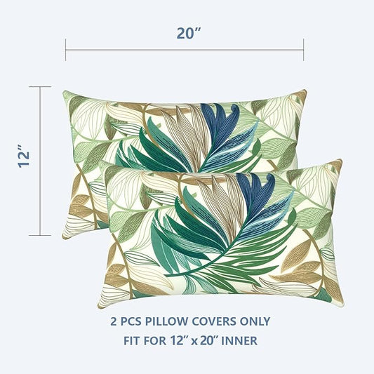 LVTXIII Outdoor Lumbar Pillow Covers Only Set of 2 Patio Decorative Pillow Cases, Water Repellent Lumbar Cushion Cases for Sofa, Patio Couch Garden Use, 12x20 Inch, Lush Leaf Green
