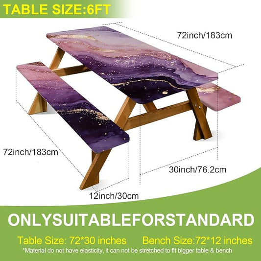 FOREVER QUEEN Picnic Table Cover with Bench Covers 72in,Waterproof Windproof Fitted Tablecloth, Purple Pink Marble with Gold Veins Camping Essentials with Drawstring Bag for Patio,Park & Backyard