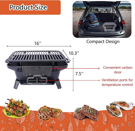 Cast Iron Hibachi Grill, Portable Charcoal Hibachi Grills with Double-Sided Grill Grate, 100% Cast Iron, Compact Camping Charcoal Cooker for Tailgating, Picnics & Hunting (Rectangle)