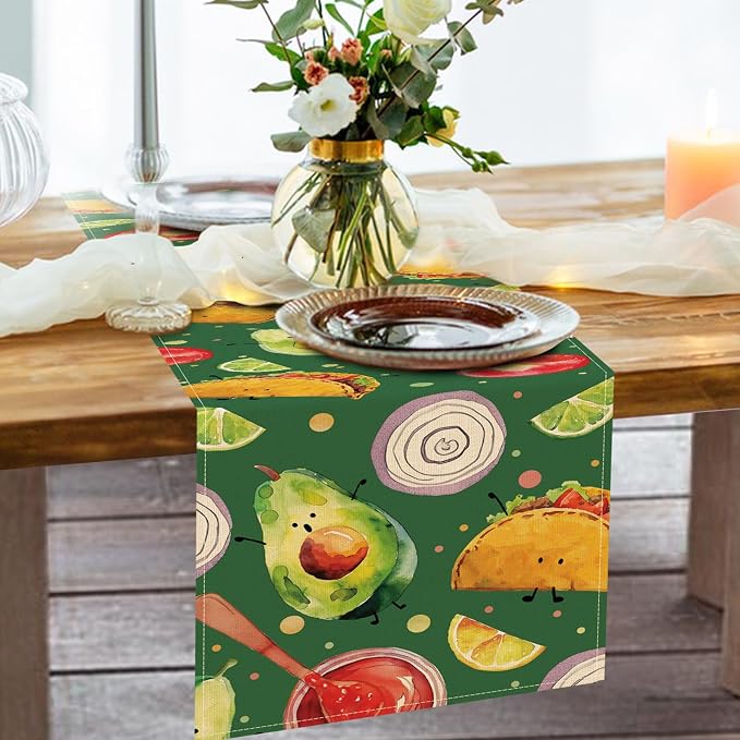 Green Mexican Food Dining Table Runner, Vegetable Fruit Taco Avocado Lime Onion Tomato Burlap Kitchen Decoration Foodie Gift, Indoor Outdoor Home Decor Party Supply 13 x 72 Inches
