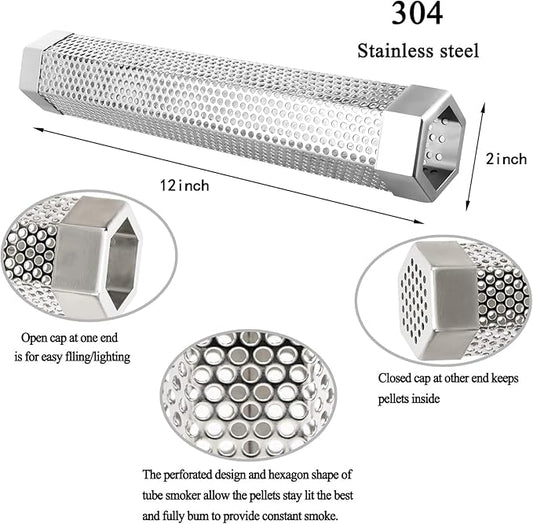 Smoke Tube for Pellet Smoker 12" - 5 Hours of Billowing Smoke - Hot/Cold Smoking - for Any Grill & Smoker - Premium Stainless Steel BBQ Smoking Tube, Includes Bonus Cleaning, Basting Brush & S-Hook