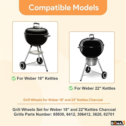 BQMAX 65930 Grill Wheels for Weber 18" and 22" Kettles Charcoal 741001 14401001 441001, 6 Inch Wheel with Wheel Hub Caps for Weber 22 Inch Grill Accessories for Weber Grill Wheels Replacement