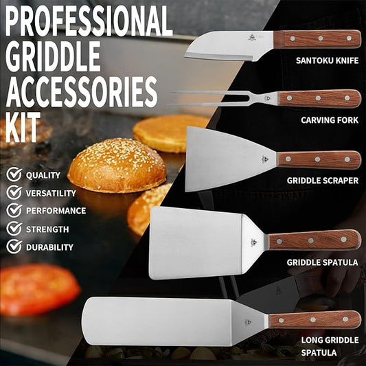GRILLGEN Heavy Duty Griddle Accessories Kit, Flat Top Grill Accessories Set with Full-Tang Rosewood Handles, Stainless Steel Spatula Set with Santoku Knife for Smash Burger, Hibachi, Camping & BBQ