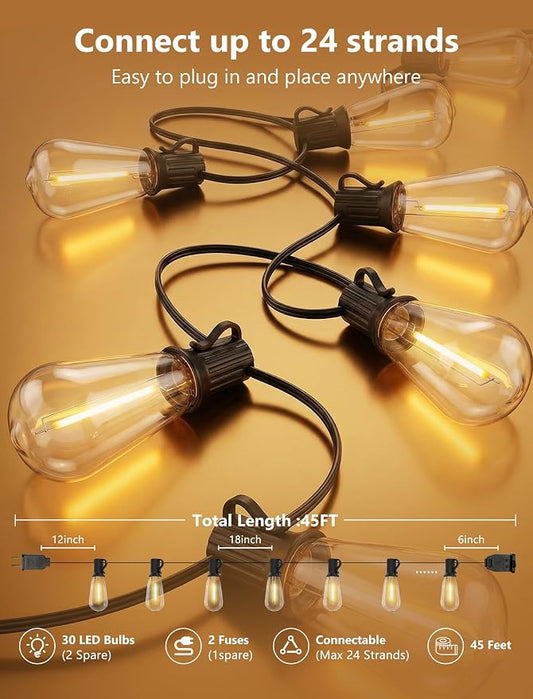 GOOTHY LED Outdoor String Lights 45Ft Patio Lights with 32 Shatterproof ST40 Vintage Edison Bulbs (2 Spare), Hanging Outdoor Light UL Listed for Porch Garden Backyard Balcony Decor