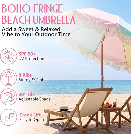 CroBlissful 6 ft Boho Fringe Patio Umbrella, Upf 50+ Macaron Outdoor Picnic Canopy with Tassels, 8 Steel Ribs and 30° Push Button Tilt, Colorful Beach Umbrella for Garden, Pool, Backyard