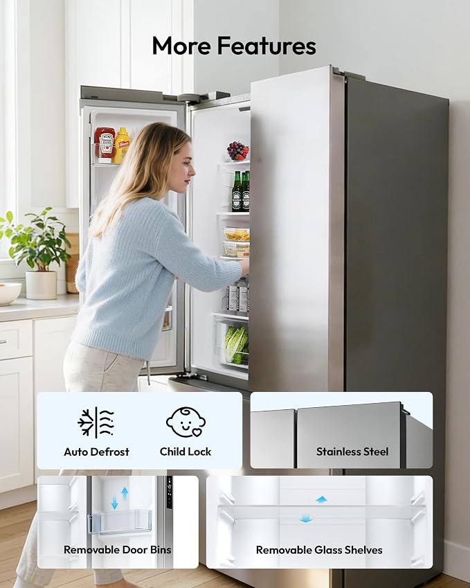 18 Cu.Ft. French Door Refrigerator with Ice Maker, Refrigerator with Freezer Drawer, Frost-Free, UL Certified, French Door Fridge with 3 Smart Cooling Modes