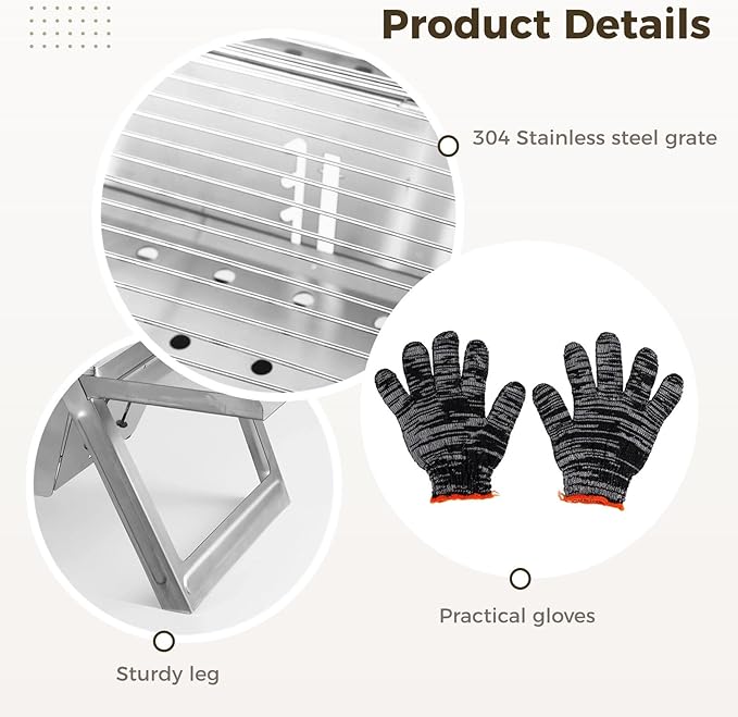 Foldable Portable Charcoal BBQ Grill, Compact Stainless Steel Smoker for Camping, Travel, and Outdoor Backyard BBQ