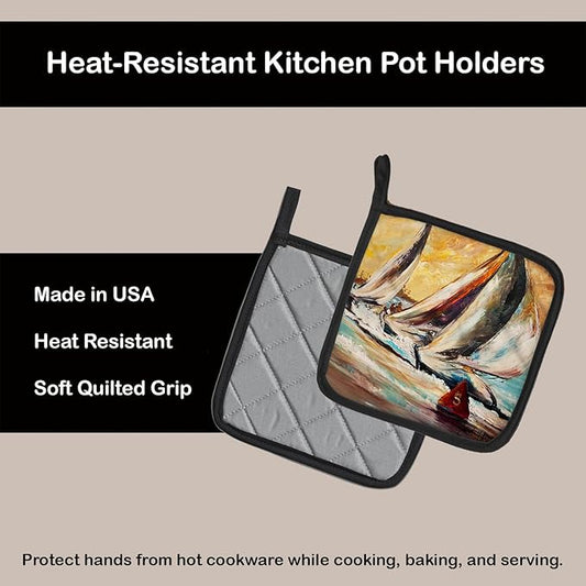 Caroline's Treasures JMK1244PTHD Boat Race Sailboats Pair of Pot Holders Kitchen Heat Resistant Pot Holders Sets Oven Hot Pads for Cooking Baking BBQ, 7 1/2 x 7 1/2