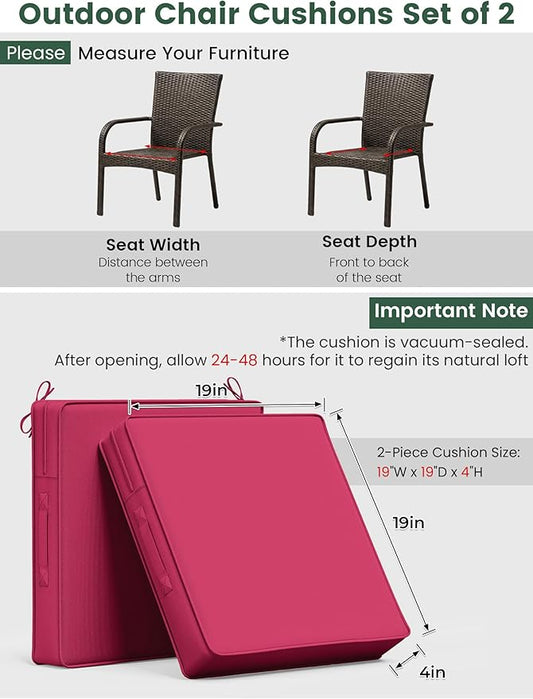 Outdoor Chair Cushion 19 x 19 x 4 Inches Patio Furniture Outdoor Waterproof Seat Cushion, Patio Chair Cushion with Handles and Ties, Square Dining Chair Cushion Set of 4, Pink