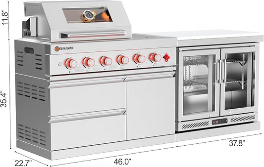 SERA C 4-Burner Natural Gas Modular Outdoor Kitchen with Fridge | 75300 BTU + side burner, 68L fridge 0-10°C for drinks ingredient, 304 stainless steel, locking caster, compact patio backyard