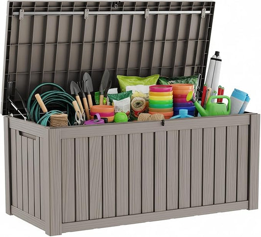 Pepe Tee Waterproof Resin Deck Box, Outdoor Storage Bin for Patio Furniture Cushions, All-Weather Garden Organizer & Seating Bench, Coffee