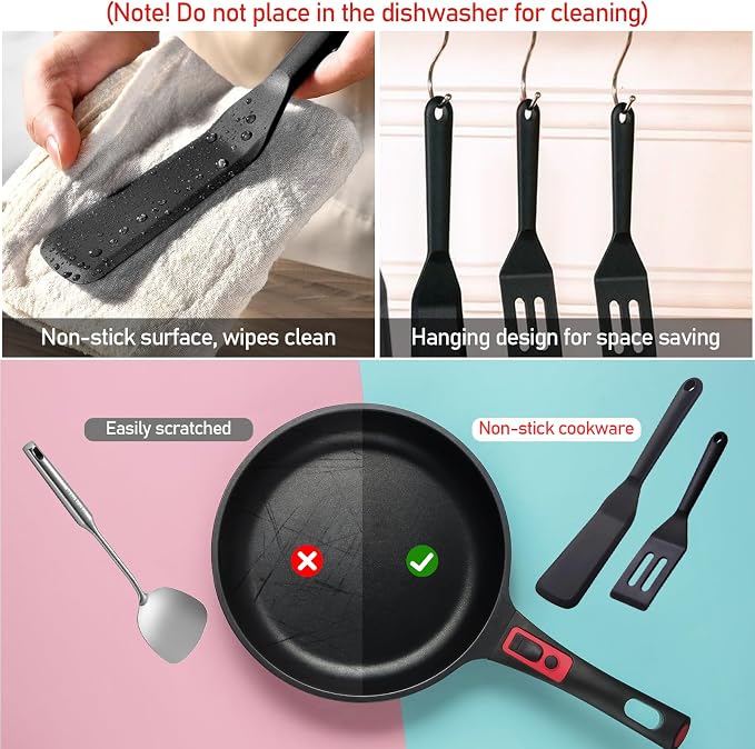 KIBBEH 3-Pack Silicone Slotted Spatula Set BBQ Clamp for Grilling | 3-pack silicone slotted spatula set, heat-resistant BBQ clamp for bread, steak, fish, salad, durable & non-stick