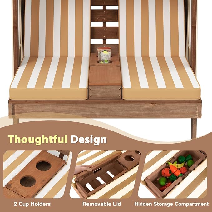 Kids Lounge Chair Outdoor, 2-Seat Toddler Patio Chair with Cushions, Cup Holders, Detachable Canopy, Wooden Double Chaise Lounge for Lawn, Pool, Garden, and Yard (Coffee)