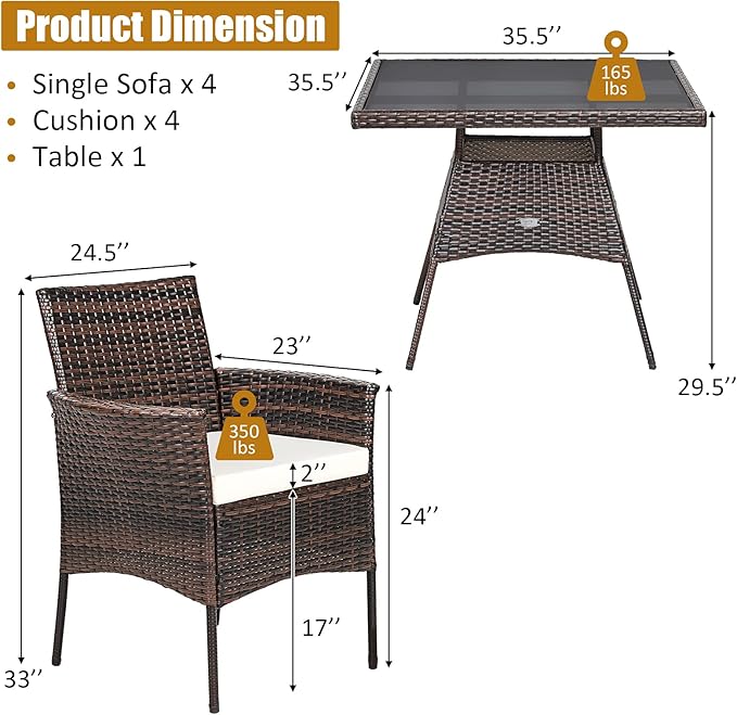 HAPPYGRILL 5 Pieces PE Wicker Patio Dining Set with Table and Chairs with Cushions, Outdoor Patio Furniture Set for Deck, Garden and Backyard (Brown Beige & Glass)