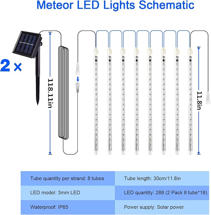 JMEXSUSS 2 Pack Solar Christmas Meteor Shower Lights, 16 Tube 288 LED White Solar Christmas String Lights Outdoor Waterproof for Tree Patio Garden Wedding Party Decorations
