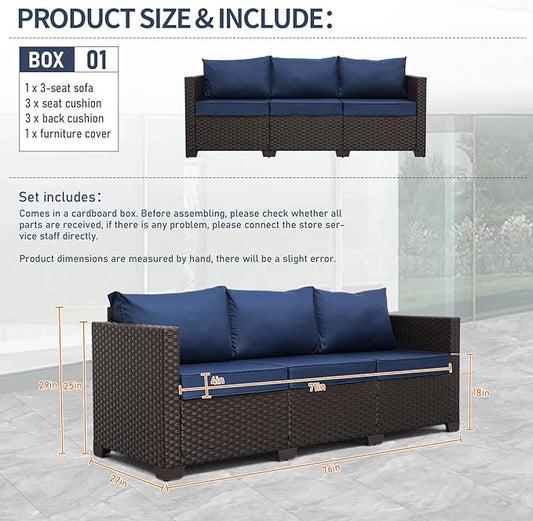 Rattan Star Patio Furniture Outdoor Couch 3 Seater Sofa Outdoor Brown Wicker Sofa Deep Seat High Backrest Patio Couch with Non-Slip Cushions and Waterproof Cover, Navy Blue