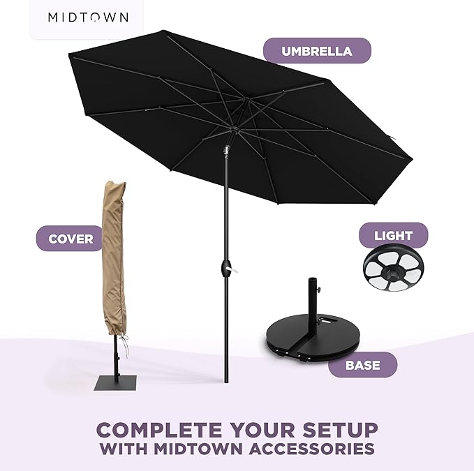 Midtown Umbrellas - 10-Year-No-Fade 9 Ft Patio Umbrella with Terylast Fabric, Auto-Tilt Aluminum Frame and 8 Reinforced Ribs for Deck, Pool, Garden & Beach - Ebony Black Canopy, Black Pole