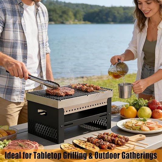 Portable Charcoal Grill, Small Tabletop BBQ, Foldable Mini Hibachi, Stainless Steel Camping Grill, Compact Outdoor Cooker for Picnic, Tailgating Chac Grl 002PBLK