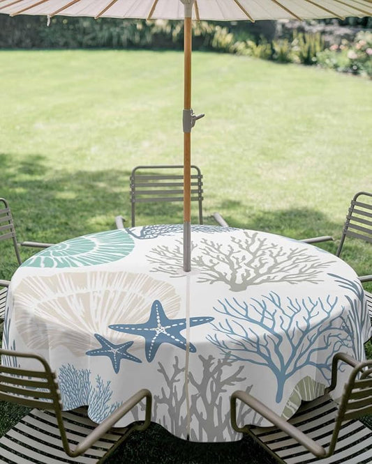 Coastal Outdoor Tablecloth - 60 Inch Round Dining Table Cover, Blue Teal Coral Summer Beach Ocean Starfish Waterproof Outdoor Table Cloth with Umbrella Hole & Zipper for Picnic/Patio/Party