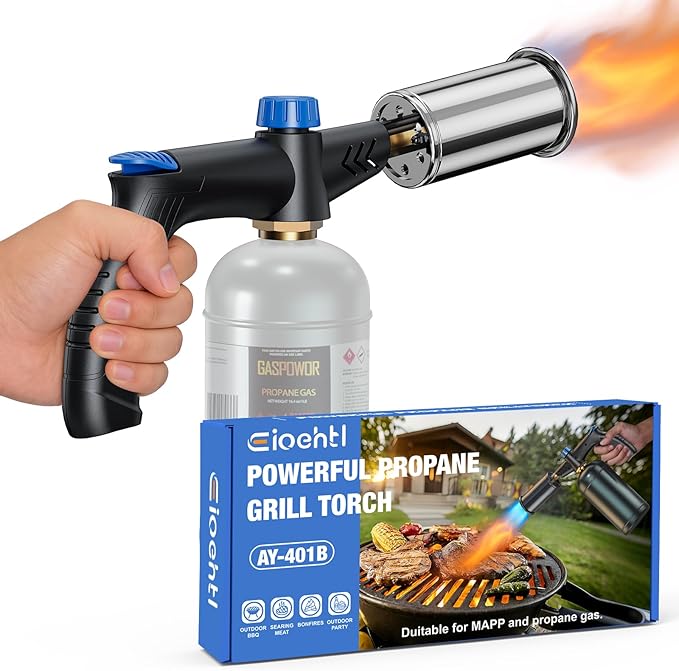 Powerful propane torch gun Ergonomic handle, One-Touch Ignition, Adjustable Flame, Flame Thrower with One-Piece Safety Design Ideal for Grill & Cooking, Sous Vide, Searing Steak, BBQ, Campfire Starter
