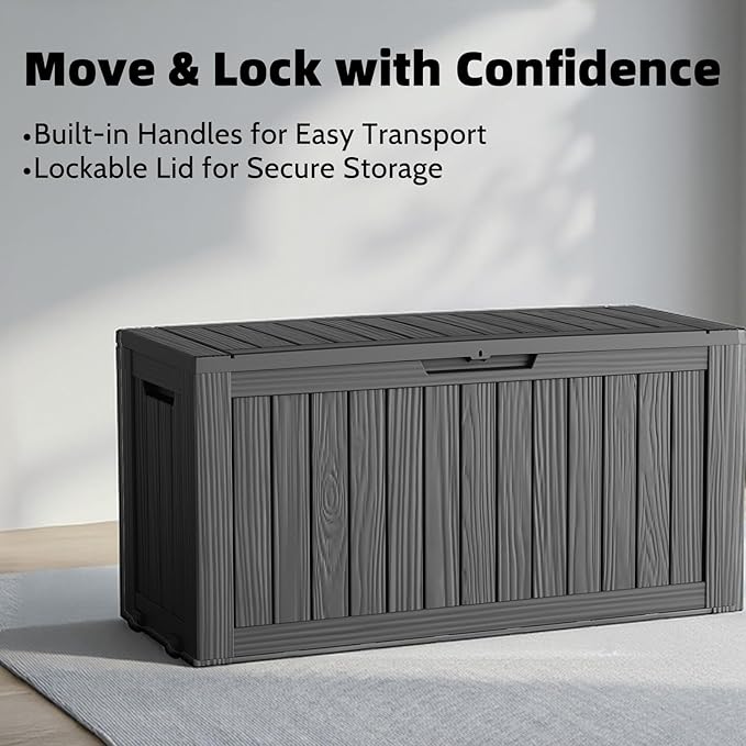 90 Gallon Deck Box Outdoor Storage Box Waterproof for Patio Furniture,Outdoor Cushions,Garden Tools and Pool Supplies,Lockable, Resin and Easy to Install Black