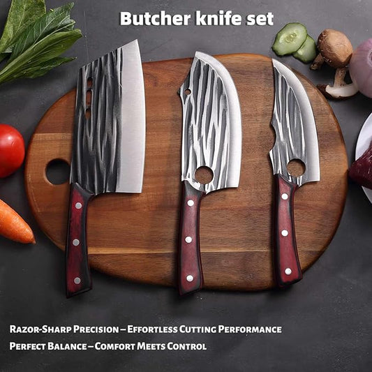 Butcher Knife Set with Bag,Meat Cleaver Full Tang Serbian Chef Knife High Carbon Steel for Meat Cutting Processing,Hand Forged Viking Carving Outdoor BBQ Camping Knife (3)