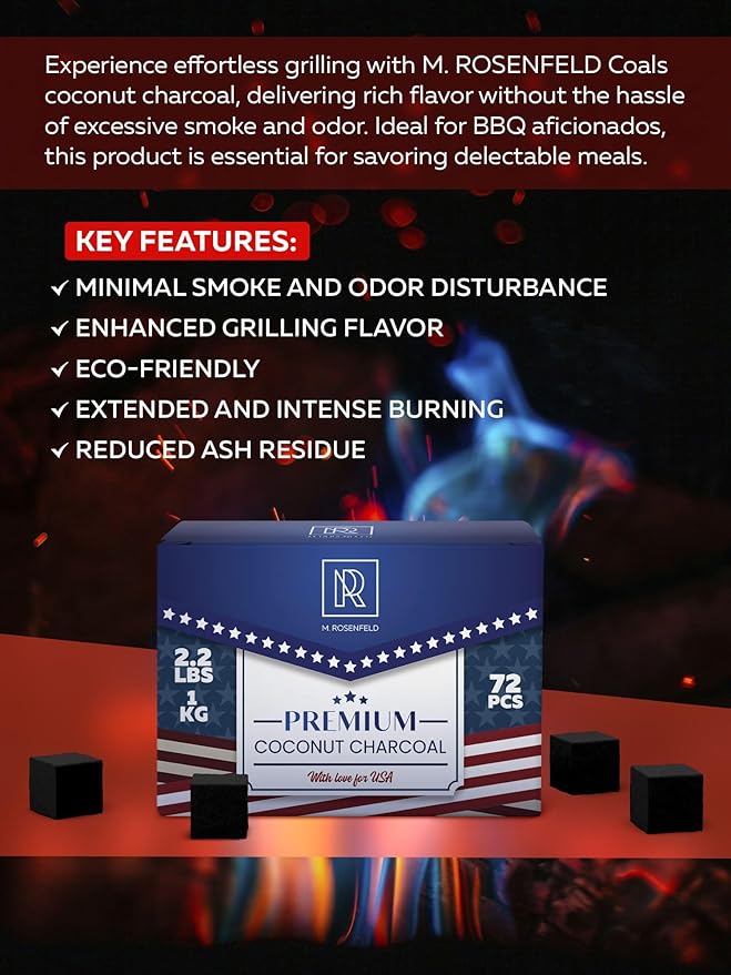 Premium Coconut Charcoal Cubes - Coconut Coals XL Pack of 72 Count & 1 KG (2.2 lbs) – Premium Quality 25mm (1x1x1 in) – 100% Natural Coconut Charcoal Cubes – NOT Quick Light - Pack of 1